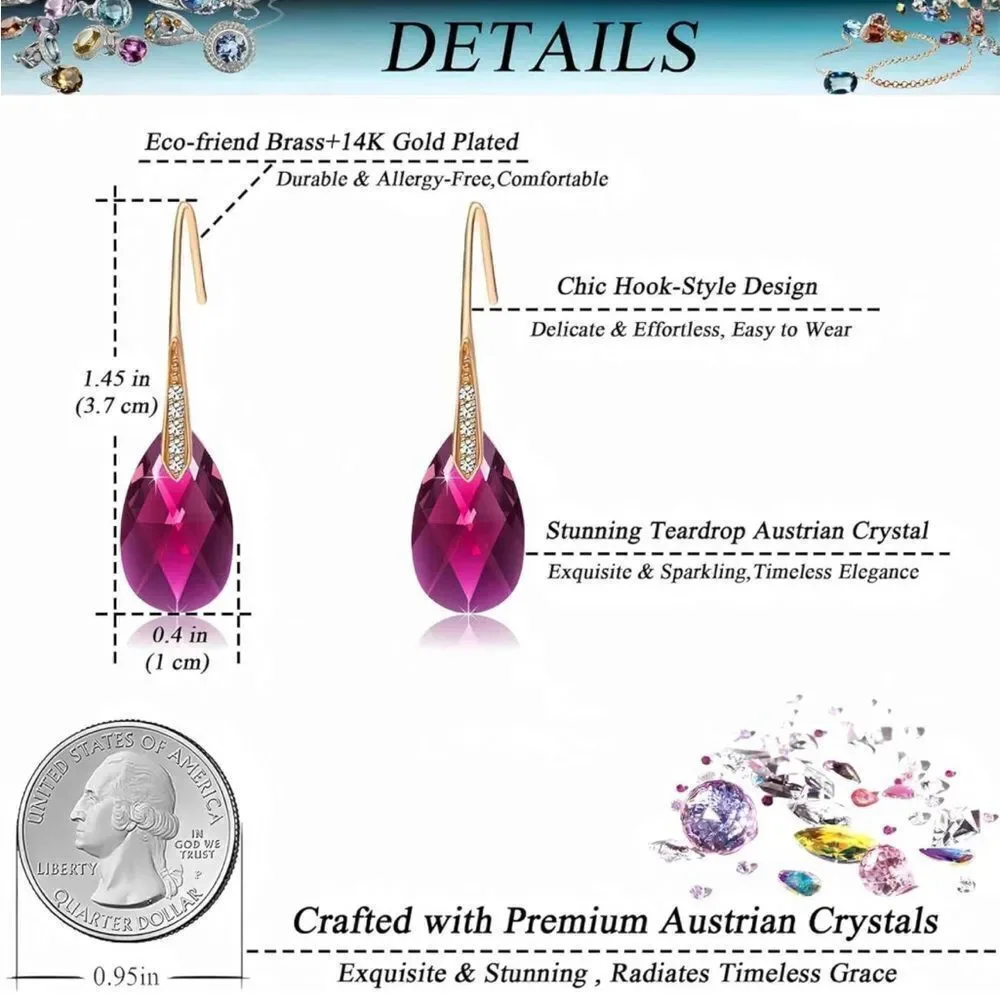 14K Yellow Gold with Fuchsia Pink Austrian Crystal Teardrop Drop Hook Earrings